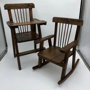USA Vintage Wooden Doll High Chair And Rocking Chair - Picture 1 of 12