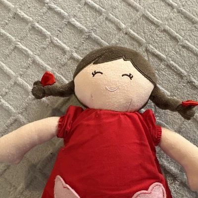 Carter’s Valentines Baby Girl Doll Plush 10" Brunette w braids Red Dress Hearts - Image 1 of 4