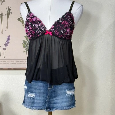 Y2k BCBG Black Pink Sheer Mesh Babydoll Cami Top Rave Party Trashy Sexy Gyaru M - Image 1 of 4