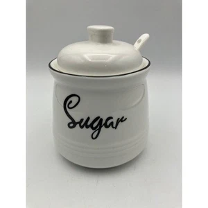 Weiße Keramik Zuckerdose Glas mit Deckel und Löffel 4,5"Hx3,5T - Bild 1 von 3