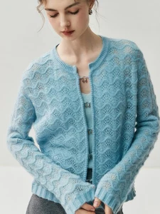 Chain Flower Hollow Thickened 75% Cashmere 25% Mulberry Silk, Knitted Cardigan - Picture 1 of 16