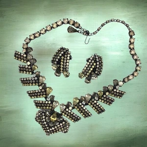 Hobé Necklace Earring Set Rhinestone Chocolate Canary Crystal Japanning Vintage - Picture 1 of 24