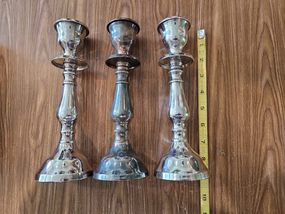 3 Pottery Barn Antiqued Silver Metal Taper Candlesticks Candle Holder 8" Rustic - Image 1 of 4