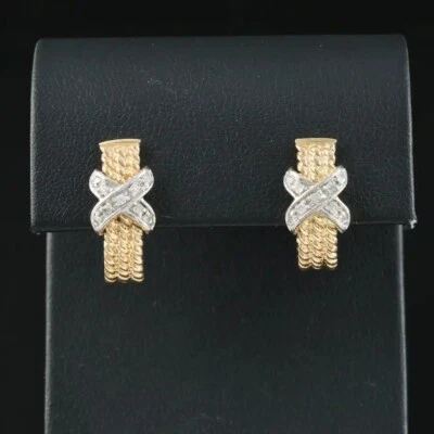 14K 0.18 CTW Natural Diamond Earrings - Bi-Colored Gold Hoops - Gorgeous! - Image 1 of 4