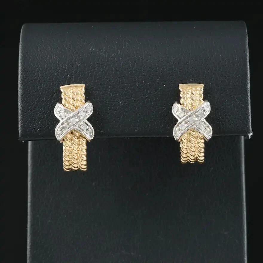 14K 0.18 CTW Natural Diamond Earrings - Bi-Colored Gold Hoops - Gorgeous! - Image 1 of 4