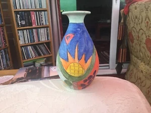 Vintage Vase Pot Earth Terracotta Pattern Fish Sun Fruit Signed Art Deco 15cm - Picture 1 of 6