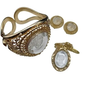 Vintage Whiting & Davis Intaglio Glas Kamee Parure, Gold Filigran Verschluss - Bild 1 von 12