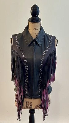 Chaleco de motocicleta con flecos de cuero negro y púrpura para mujer nuevo sin etiquetas Foto 1 de 4