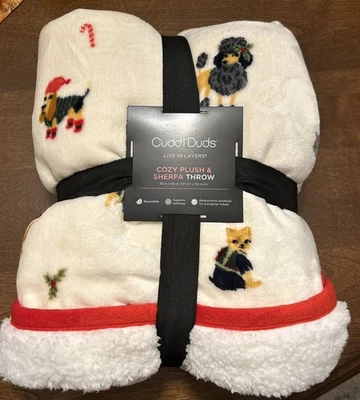 NWT Cuddl Duds Cozy Plush Sherpa Throw Blanket Vintage Holiday Dogs  50x60" NEW - Image 1 of 4