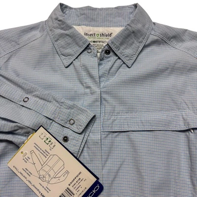 Camisa ExOfficio Mujer Pequeña Azul BugsAway Halo Cuadros Insectos Escudo Senderismo Campamento Foto 1 de 4