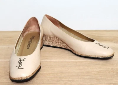 Vintage 1980s Beige Leather Wedge Heel Shoes YVES SAINT LAURENT 39,5FR 7,5US - Image 1 of 4