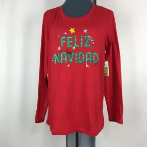 NWT Feliz Navidad Christmas T-Shirt L Red Cotton Blend Long Sleeve Pullover - Picture 1 of 12