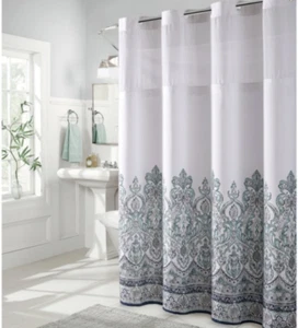 NEW Hookless flex on blue gray damask border Shower Curtain w Peva Liner - Picture 1 of 1