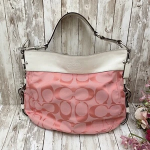 COACH F12674 “Zoe” Signature C logo Rose Pink/White Large Hobo Shoulder Bag EUC - Picture 1 of 12