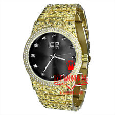 Mens Black Onyx Dial Gold Tone Simulated Diamond Nugget Style Steel Back Watch