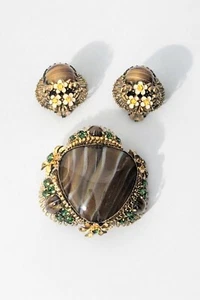 Vintage West Germany Porphyry Glass Crystal Filigree Brooch & Clip-On Earrings S - Picture 1 of 4