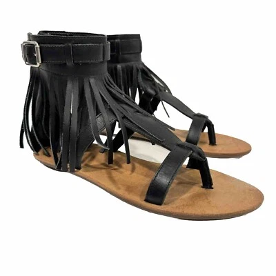 Loeffler Randall Womens Gladiator Fringe Sandals Flats Black Leather Shoe Size 6 - Image 1 of 4