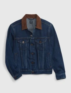 New GAP Kids Blue Denim Icon Jacket 8 12 Corduroy Collar Long Sleeve 100% Cotton - Picture 1 of 3