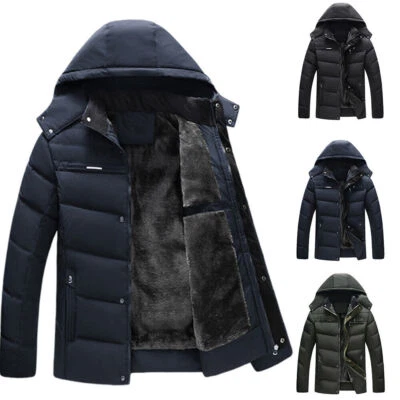 Men Parka Padded Quilted Fleece Fur Lined Hooded Winter Jacket Heavy Warm Coat - Image 1 of 4