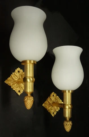 PAIR OF SCONCES LOUIS XVI STYLE - BRONZE & OPALINE GLASS - FRENCH ANTIQUE Cover