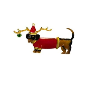 Christmas Dachshund Brooch Pin Sterling Silver Plated Enamel Zarlite by Zarah - Picture 1 of 3