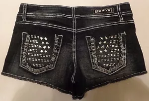 Red Rivet Low Rise Stretch USA Flag Inspired Embellished Blue Jean Shorts size 3 - Picture 1 of 8