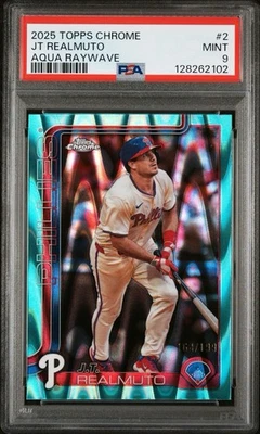 2025 Topps Chrome #2 J.T. Realmuto Aqua Raywave PSA 9 MINT; #164/199; Phillies - Image 1 of 3