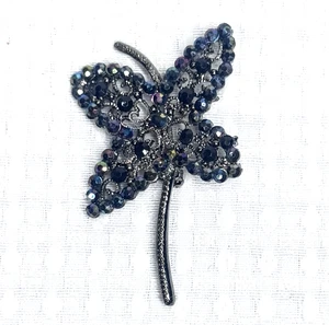 Vintage Butterfly Brooch Iridescent Black Blue Rhinestones Heart Open Work 2" - Picture 1 of 11