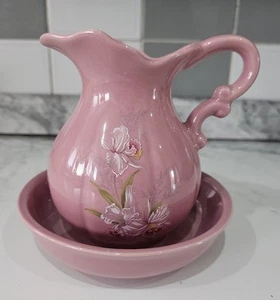 Vintage 80er Jahre Keramik rosa Blumen Waschbecken & Wasserkrug - Bild 1 von 6