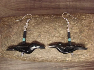 Hand Carved Jet Raven Fetish Earrings by Matt Mitchell - Picture 1 of 4