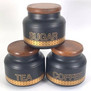 Vintage Hornsea Midas Storage Jar Set of 3 Tea Coffee Sugar Black Gold 12cm 80's - Picture 1 of 19