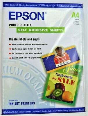 Epson Photo Quality Self Adhesive Sheets 8.3" x 11.7" 10 Sheets S041106 - NEW   - Image 1 of 2