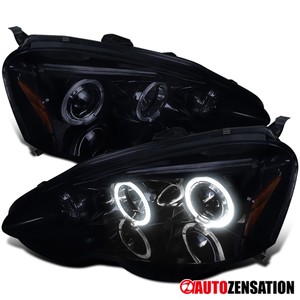 For 2002-2004 Acura RSX Glossy Black Smoke LED Halo Projector Headlights Lamps
