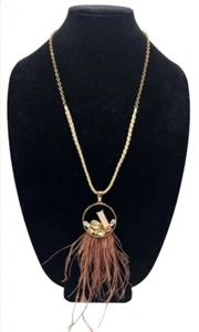 Gold Circle Pendant W/ Rhinestones & Feather Fringe 1946 Modern Necklace boho - Picture 1 of 6