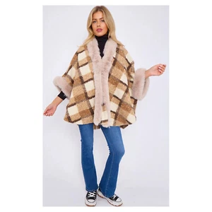 Beige Faux Fur Front Opening Check Cape - Picture 1 of 10