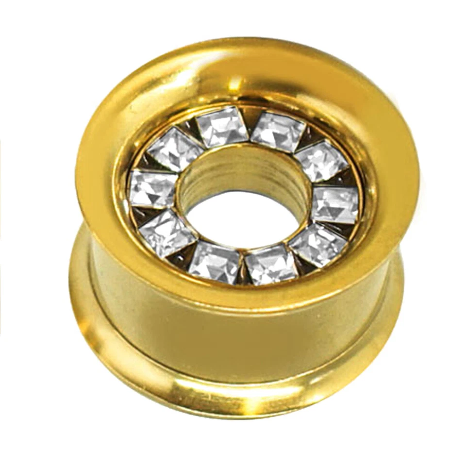 Edelstahl Flesh Tunnel mit Glitzersteinen silber gold schwarz Straß Zirkonia  - Bild 1 von 1