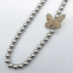 Ann Taylor Butterfly Gray Beaded Necklace Rhinestones Accent 26" * - Picture 1 of 13