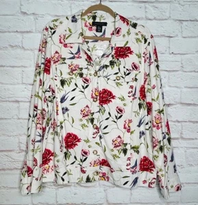 XL/1X New Tahari Fresh White Linen Pink Blue Floral Print Birds Jean Jacket 99$ - Picture 1 of 18