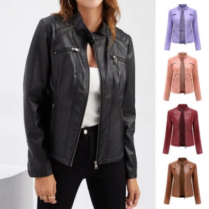 Women's Biker Jacket Slim Ladies Faux PU Leather Zip Formal Coat Casual Tops - Picture 1 of 25