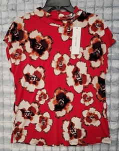 Calvin Klein Red Floral Sleeveless Blouse Women's Medium Back 1/4 Zip Top - Picture 1 of 3