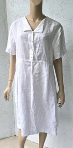 FLAX 100% Linen White Dress With Pockets Lagenlook Size Large - Picture 1 of 7