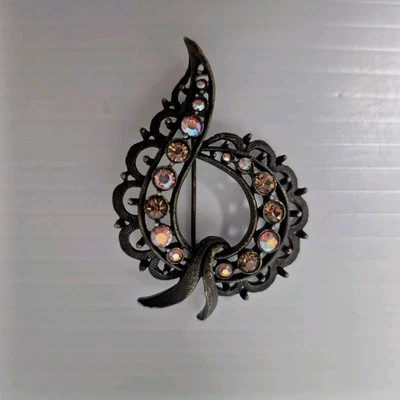 Broche prendedor vintage Art Deco aurora boreal cristal bronce tono Foto 1 de 4