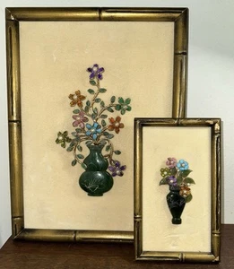 2 Vintage MCM Chinese Wall Art Jade Vase Multi Stone Flowers Bamboo Wood Framed - Picture 1 of 11