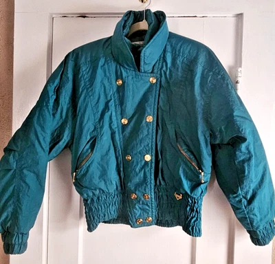 Chaqueta de invierno vintage FERA SKIWEAR verde azulado hinchada botones dorados a presión mujer talla 8 Foto 1 de 4