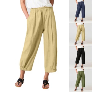 Womens Cotton Linen Elastic Waist Harem Pants Ladies Casual Wide Leg Trousers - Picture 1 of 13
