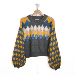 Zara Knit Sweater Womens Medium Sequin Argyle Gray Yellow Diamond Dolman Sleeve - Picture 1 of 9