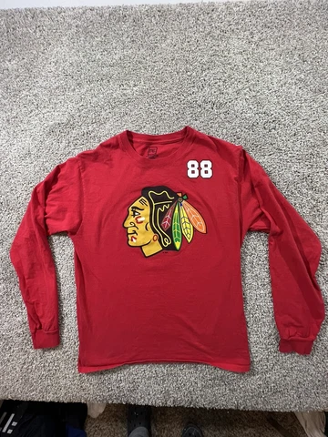 Patrick Kane 88 Chicago Blackhawks Mens T-Shirt Red Long Sleeve Cotton Sz M Cover
