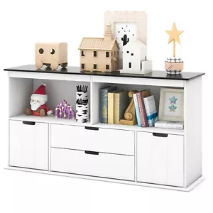 Kids Toy Storage Organizer Wooden Bookshelf TV Stand w/ Drawers Blackboard Top - Picture 1 of 11