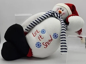 Snowman Stuffed Cloth Embroidered Let It Snow Red Santa Hat Striped Scarf 18 in - Picture 1 of 4