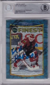 BECKETT 1994-95 TOPPS FINEST ED BELFOUR "HOF 2011" SIGNED BLACKHAWKS CARD #51 78 - Picture 1 of 2